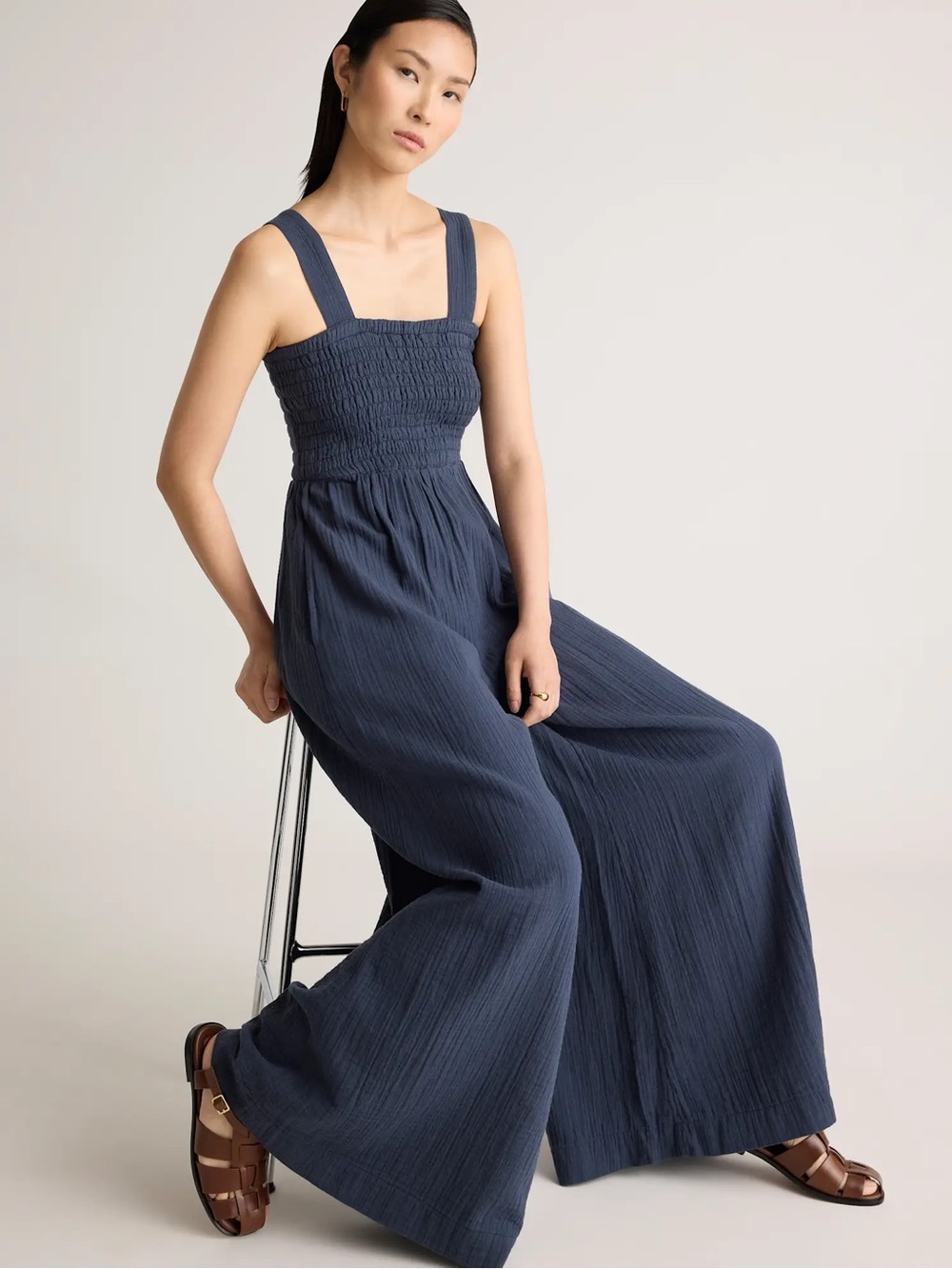 Quince Organic Cotton Gauze Smocked Wide Leg Jumpsuit Navy Blue Size Small NWOT